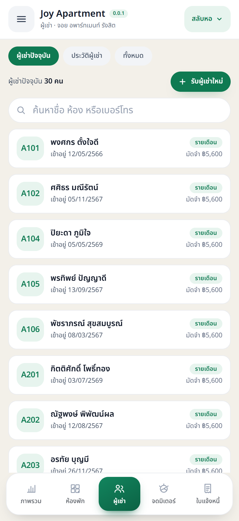 หน้าจอรายชื่อผู้เช่าปัจจุบันบนแอพมือถือ Kob Apartment